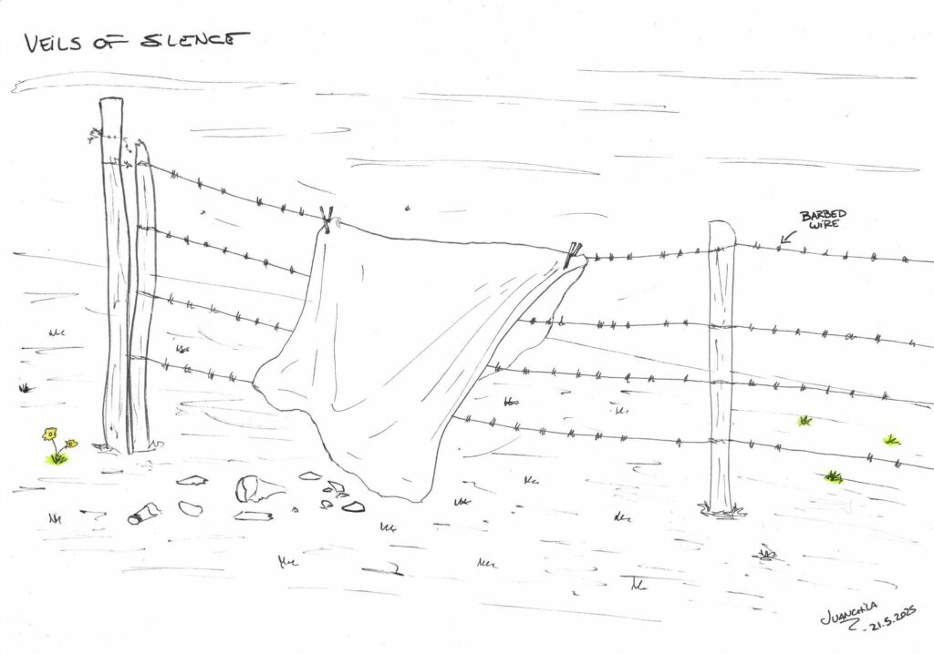 Illustration of a white cloth hanging over barbed wire. Barbed wire held by two wooden posts. A broken bottle appears on the ground, under the cloth. Illustration is mostly black and white, with one flower coloured yellow and patches of green for grass.