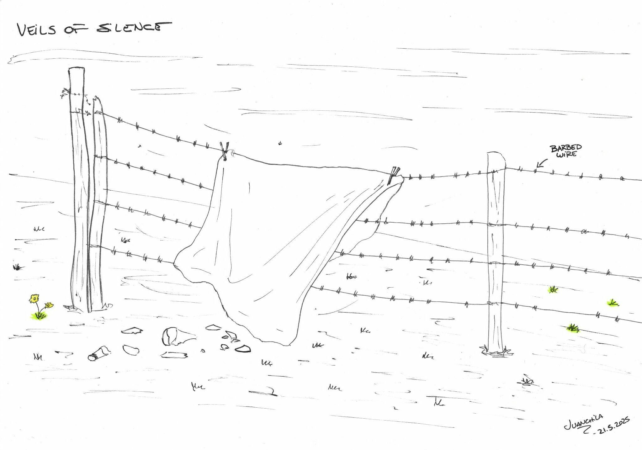 Illustration of a white cloth hanging over barbed wire. Barbed wire held by two wooden posts. A broken bottle appears on the ground, under the cloth. Illustration is mostly black and white, with one flower coloured yellow and patches of green for grass.
