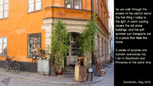 café on a colourful street corner, door flanked by two small trees on pots