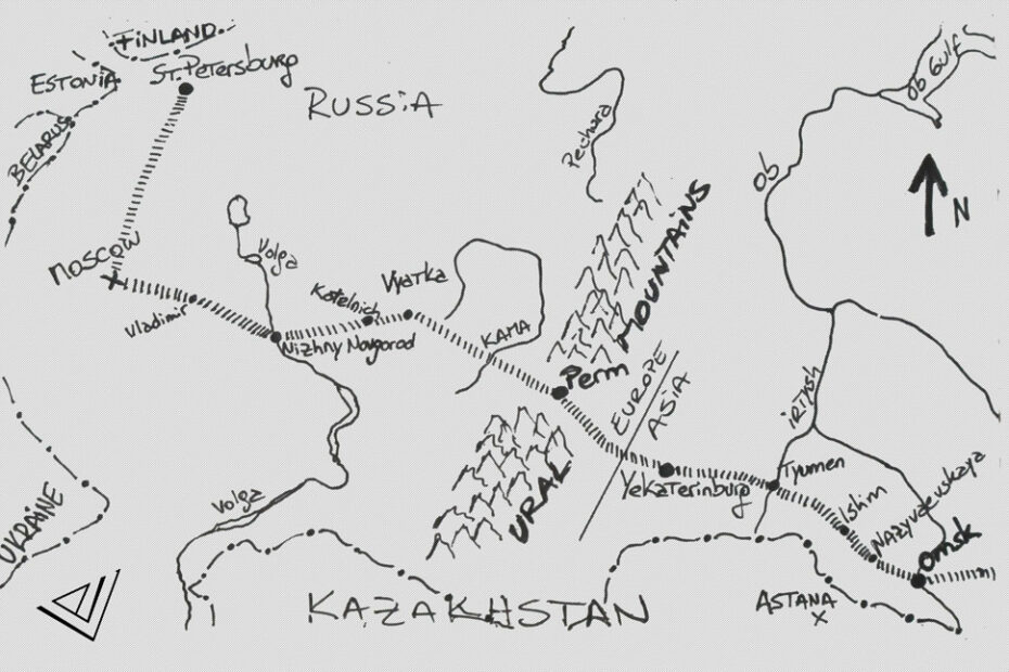 Free-hand drawn map showing train routes from St Petersbourg to Omsk via Moscow