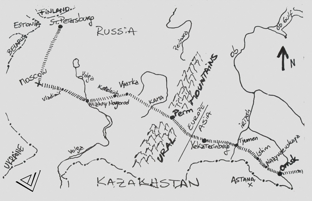 Free-hand drawn map showing train routes from St Petersbourg to Omsk via Moscow