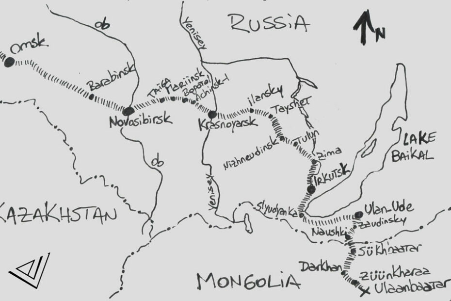 Free-hand drawn map showing train routes from Omsk to Ulaanbaatar via Irtkutsk and Ulan-Ude