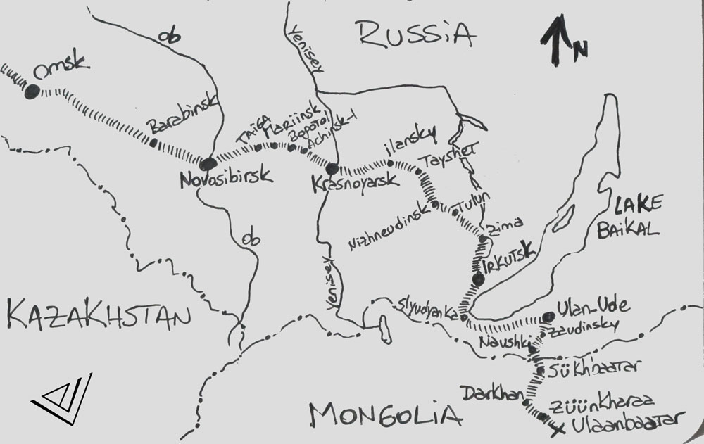 Free-hand drawn map showing train routes from Omsk to Ulaanbaatar via Irtkutsk and Ulan-Ude