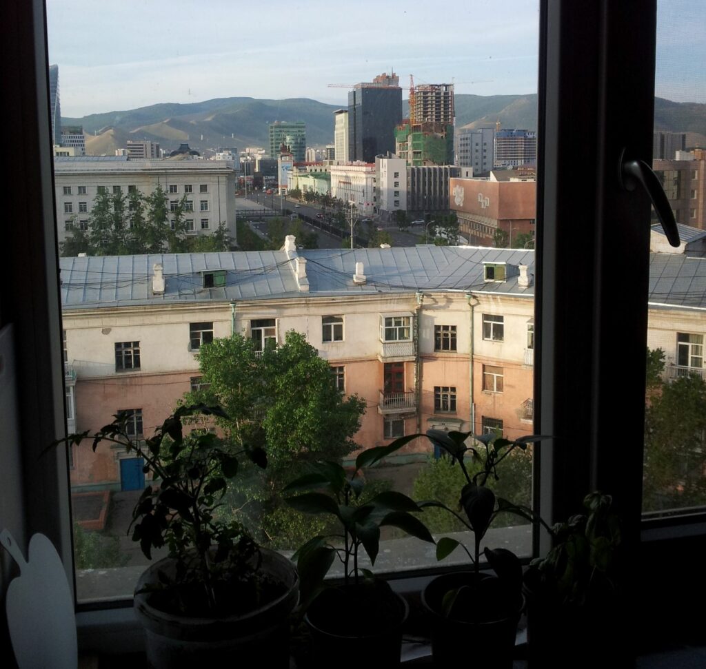 view of city buildings from window